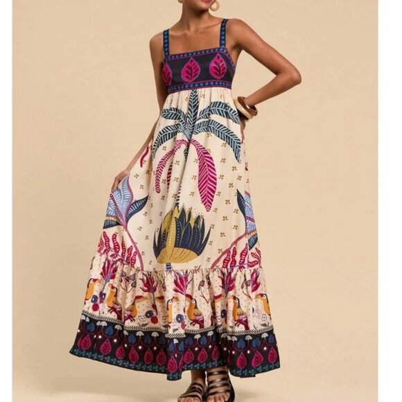Boho Tropical Animal Print Shirred ruffle Hem Maxi Dress - Picture 1 of 6